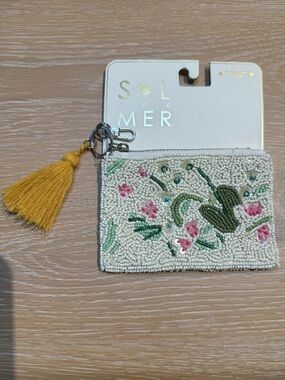 Coin Purse Wallet Floral Zip Pouch Green, Cream, Pink, Beaded, Sequins